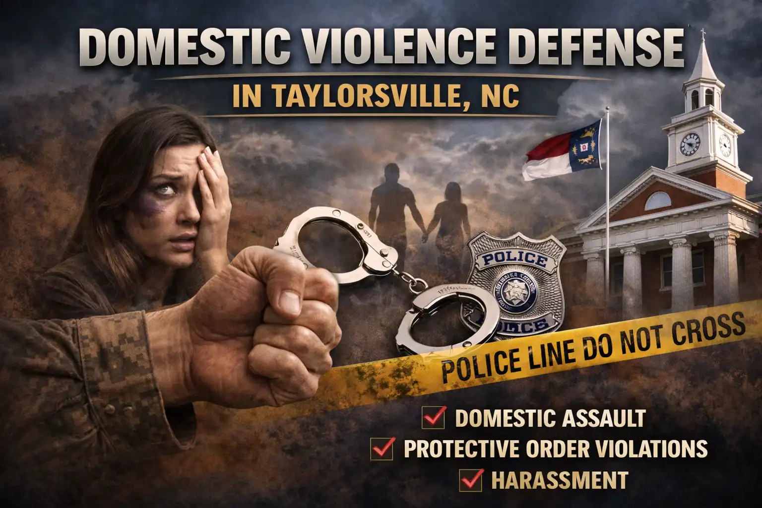 Domestic Violence Defense | This image promotes domestic violence defense services in Taylorsville, NC, featuring elements like handcuffs, a police badge, a distressed woman, and a courthouse.