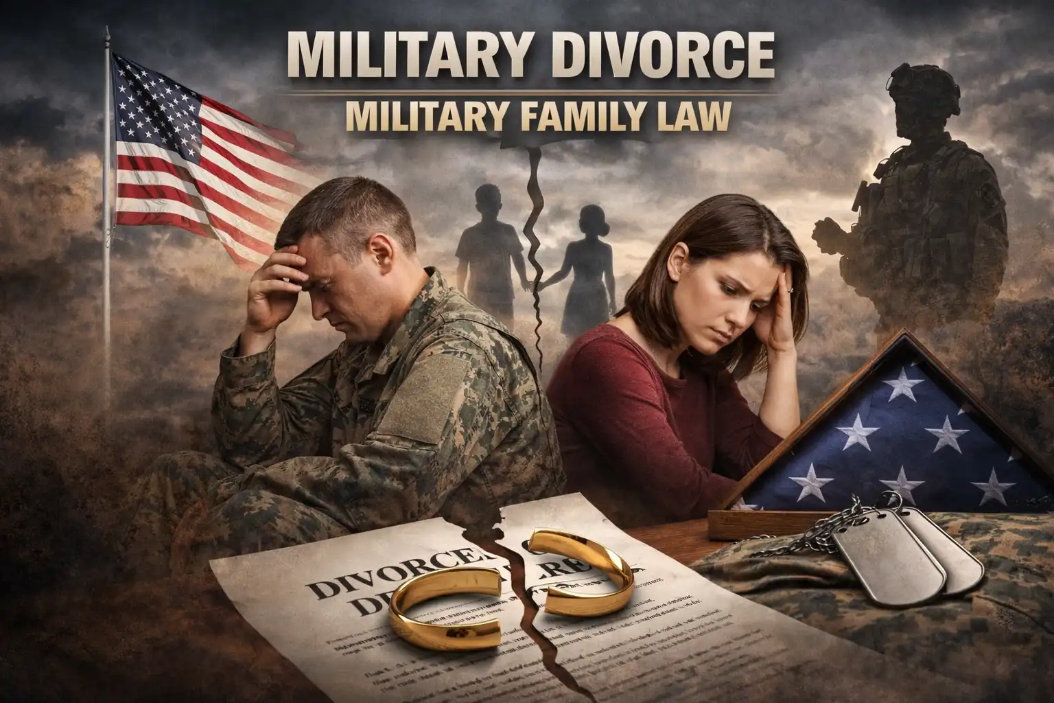 Military Divorce Military Family Law | Edward L. Hedrick, V A distressed military couple sits apart with an American flag and divorce papers in this emotional depiction of military divorce and family law.