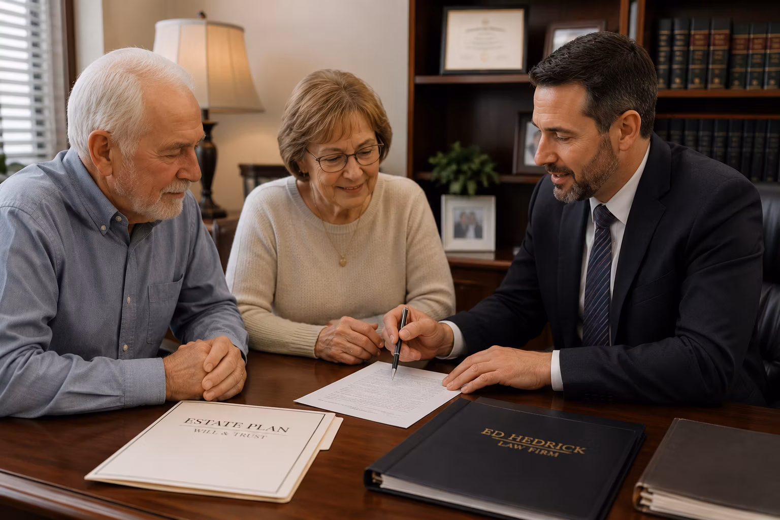 Estate Planning Attorney Elderly Couple | An older couple reviews estate planning documents with a lawyer named Ed Hedrick at a table.