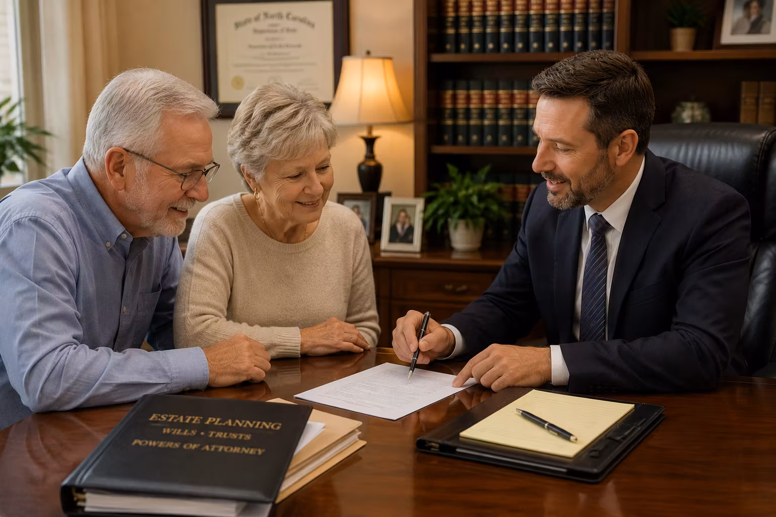 Trusted Attorney Elderly Couple Signing Documents | Elderly couple reviews estate planning documents with a lawyer in a formal office setting.