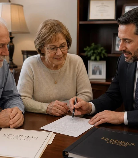 Attorney walking an older couple through their estate plan documents